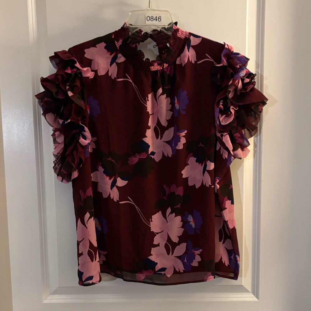 Liz Claiborne Floral Ruffle Sleeve Blouse - Burgundy Pink Sz XXLP